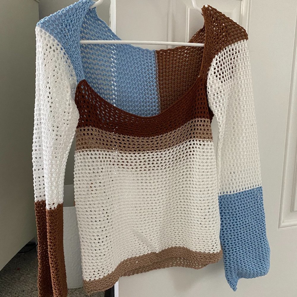 White, Blue and Brown Crochet Square-Neck Sweater